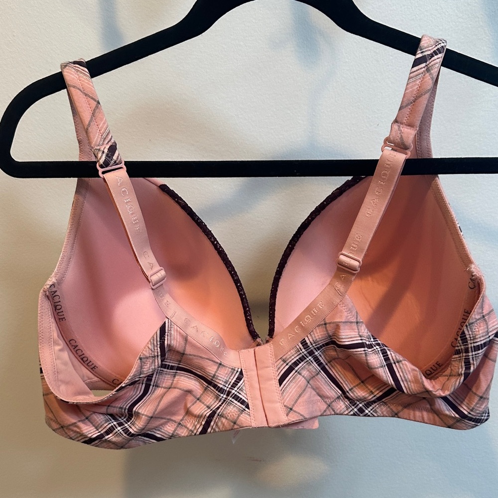 Cacique Pink Plaid Lace Trim Plunge Underwire Bra 44D - Picture 2 of 4